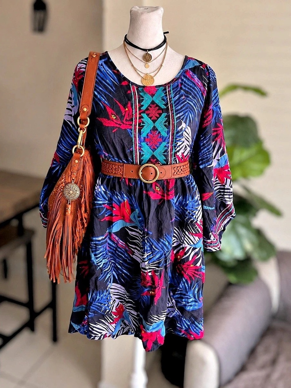 Roxy Women’s Size L Tropical Floral Embroidered Boho Mini Dress